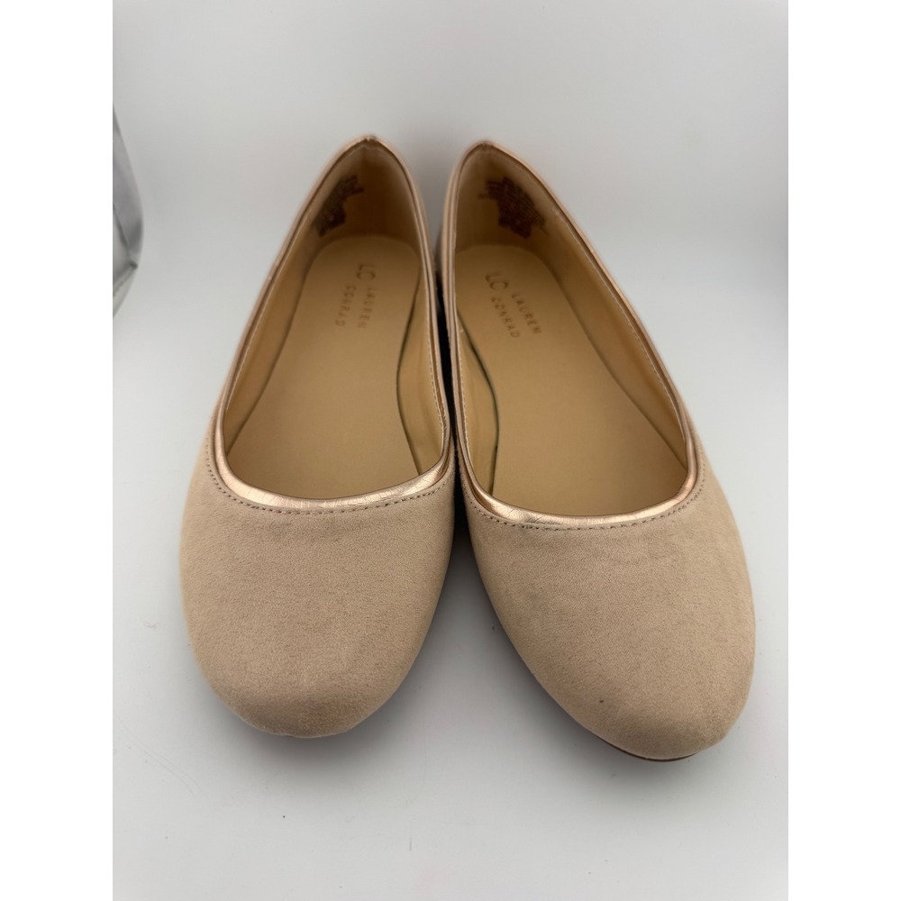 LC Lauren Conrad Ballet Flats 8.5 Nude Excellent Faux Suede Metallic Trim (1888)